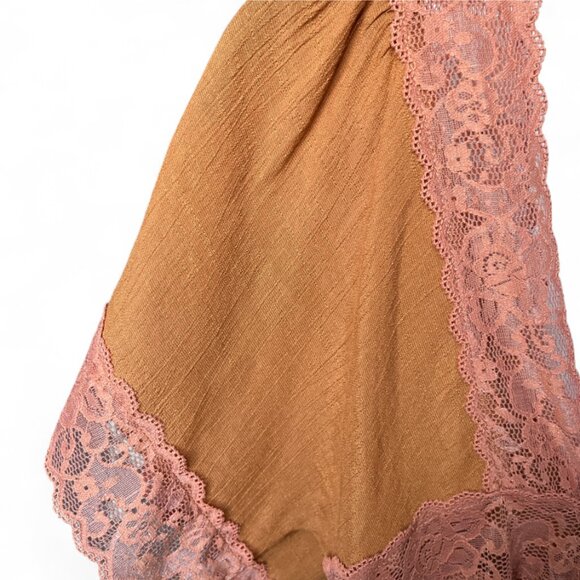 Rebellion Again Lace Trim Peplum Top Rust & Blush Lace Boho Romantic Blouse S - Picture 5 of 8